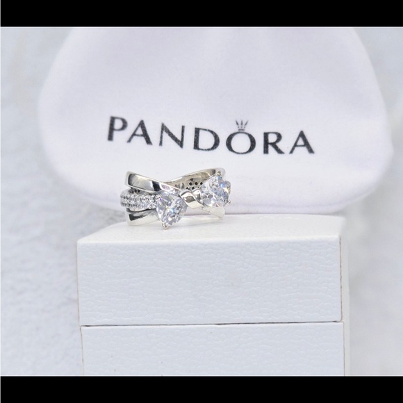 Pandora // Sparkling Bow Crossover Ring // Ring Size 7 // Sterling Silver// 925 - Picture 3 of 5